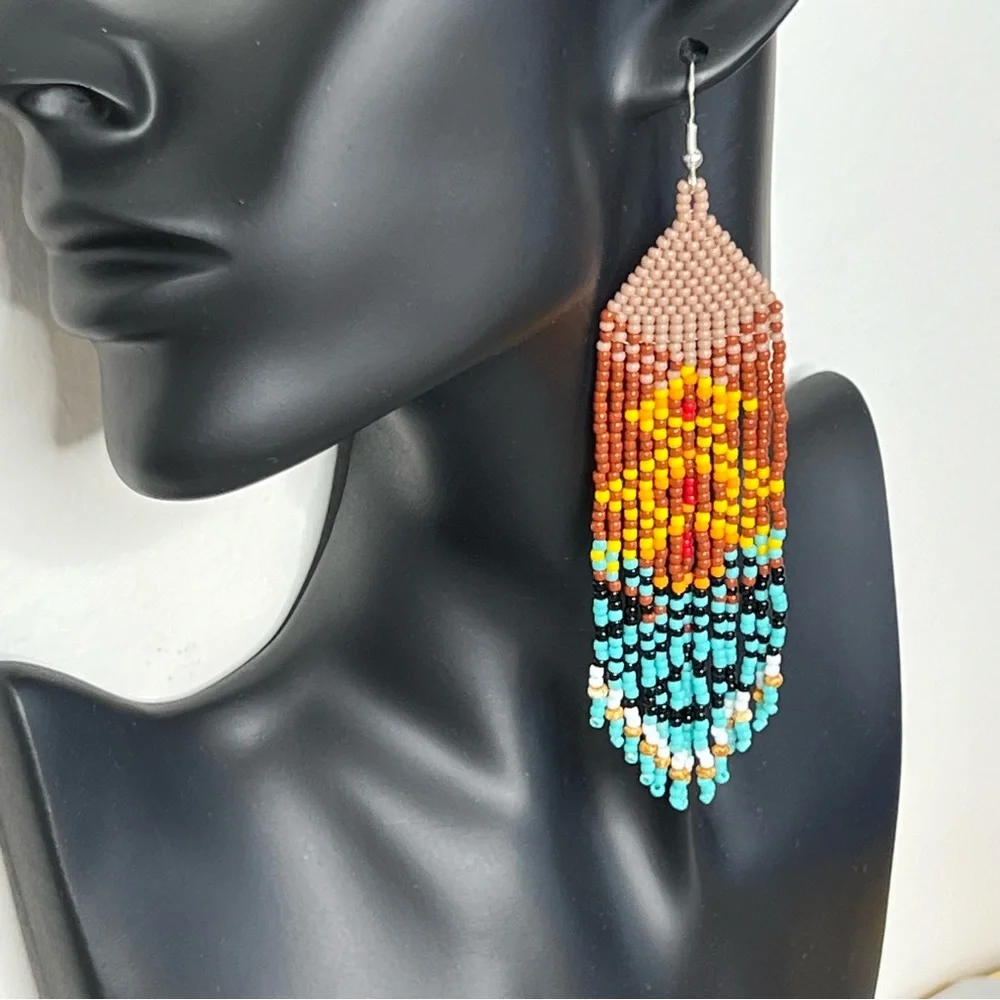 Handmade‎ Native American Style Long Seed Bead Beaded Earrings African Style